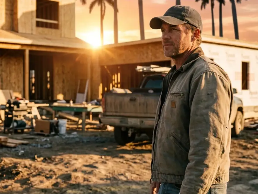 A builder standing on a job site at sunset, a framed house behind him