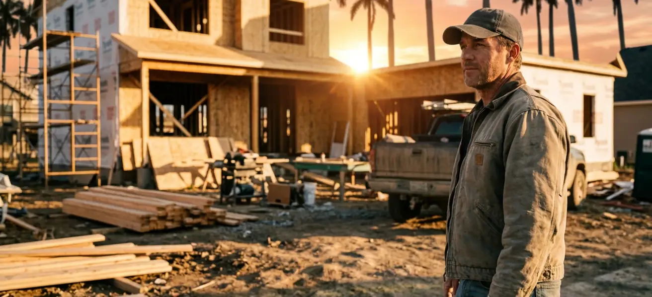 A builder standing on a job site at sunset, a framed house behind him