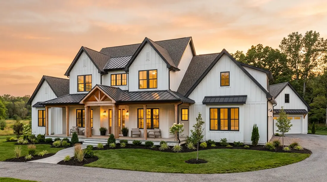 A new custom home with a large porch