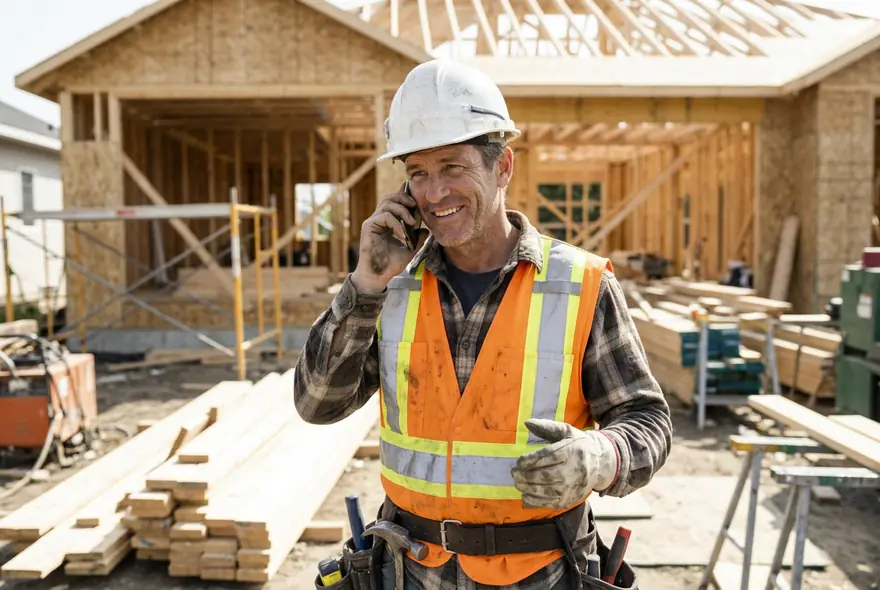 A builder on a job site checking a new lead